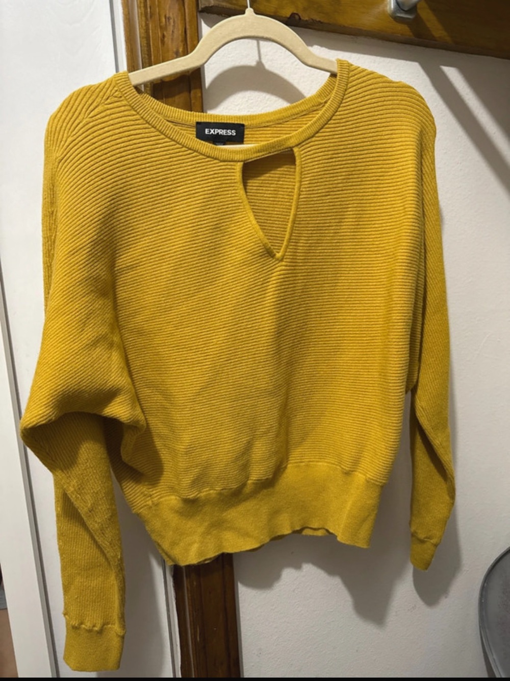 Express Women's Mustard Yellow Ribbed Keyhole Sweater